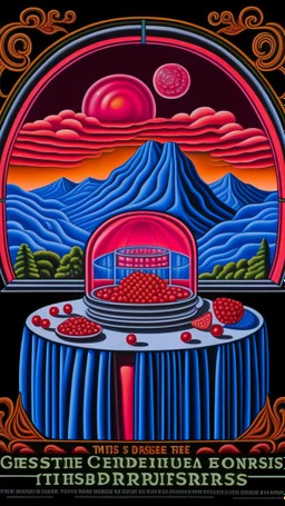 full shot of happy dandys eating cherries in a floating glass dome, dreamlike atmosphere, in the background the landscape burns like hell, in the style of juan gris