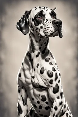 Dalmation with human face and big muscular arms