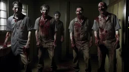 4 men zombies in adark room bloody help stand behined themselves