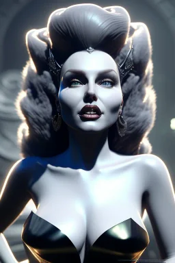 Rita Hayworth as evil queen in black leather, leather, busty, cleavage, angry, stern look. character design by cory loftis, fenghua zhong, ryohei hase, ismail inceoglu and ruan jia. unreal engine 5, artistic lighting, highly detailed, photorealistic, fantasy