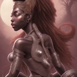 sango fantasy, fantasy magic, intricate, sharp focus, illustration, highly detailed, digital painting, concept art, matte, masterpiece head sexy view black African beauty black afro hair space lady silver snakeskin African princess moon lightening