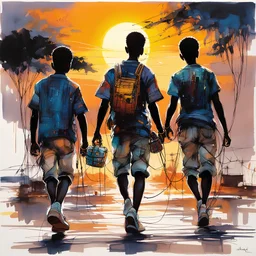 backview of a sunset scene 2 African boys walking fast with wire car toys armsembracing shirts and cargo shorts , sabstract beauty within the composition, square faces illuminated by the soft glow of moonlight, dynamic poses, a harmonious blend of Marc Padeu Carne Griffiths' detailed ink work with and Njideka Akunyili's concept of perfect form, captured in a highly detailed digital painting, smooth textures, sharp focus, greyscale palette