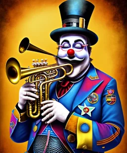 mechanoid happy old friendly fat clown with trimmed beard playing jazz with a steampunk theme, trumpet, realistic