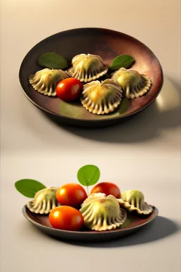 Ravioli dish by renaissance style still life oil painting with natural tomato, albahaca, olives, olive oil. moisture, art, natural, ornaments, marble, gold, high kitchen, smooth, gradient color background, unreal engine 5, ray tracing, RTX, lumen lighting, ultra detail, volumetric lighting, 3d.