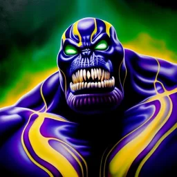 Ultra detailed fullbody Portrait in oil on canvas of Venom merges with Thanos,extremely detailed digital painting, extremely detailed face,crystal clear Big eyes, mystical colors ,perfectly centered image, perfect composition, rim light, beautiful lighting,masterpiece,8k, stunning scene, raytracing, anatomically correct, in the style of robert e howard and Ken Kelley and Ohrai Noriyoshi and Simon Bisley and tomzj1