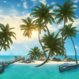 9. Generate an image of a sun-soaked beach with palm trees and crystal-clear water