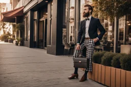 bearded man in elegant suit with checkered skirt on high heels standing next to a restaurant holding a laptop case in sunshine