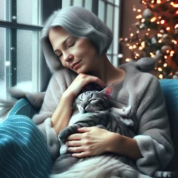 create a sleeping grey haired middle aged woman with chin length hair, sitting on a chair, in front of a window, holding her beloved gray and white tabby Oriental shorthair cat, also sleeping, in her arms. Serene peaceful calm. the snow falling outside