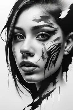 A realistic drawing in negative space black ink on white background of a beautiful girl with abstract brushstrokes face tattoos to enhance her face max enrist