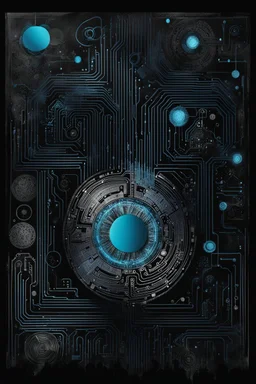 drawing art from pale blue fingerprint made of circuits, metal lines and numerical numbers . in background the black walls with abstract and geometric shapes symbols, circle, square , a unique dark fantasy style. The atmosphere surrealism and minimalism. splash art, The black drawing artwork with ink