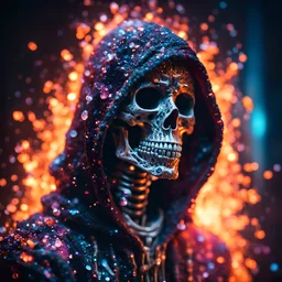 hooded marble skeleton covered with glowing crystals, fire particles in air, bright colors, glowing sparkle particles, dark tone, sharp focus, high contrast, 8k, incredible depth, depth of field, dramatic lighting, beautifully intricate details, clean environment, epic dynamic scene