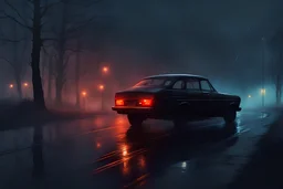 A moody, atmospheric illustration of a lone car on a desolate road in rainy, with rainy drifting, trees silhouetted against the dark sky, and distant warm lights piercing the gloom,alone man smoking,"