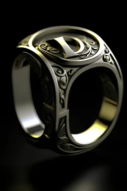 Ring with a design on the top. The design is a made around the letter D