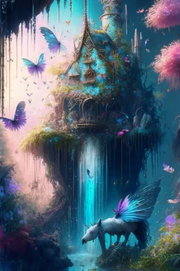 Phantasy landscape.Paradise hauntedgarden, unicorn, bright magic art, splash art, high quality, 8k, digital painting, glitter, waterfall, greenery, butterflies, birds of paradise, gnome's house, trending on artstation, sharp focus, studio photo, intricate details, highly detailed, by greg rutkowski