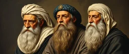 master oil painting by Rembrandt realistic rendering Portrait of the Apkallu sages who were sent by the god Ea to teach civilization to humanity before the flood. They were depicted as half-human and half-fish or bird, and were associated with wisdom, magic, and culture.