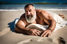 full figure shot photography of a tired strong muscular chubby burly 54 years old ugly arab carpenter, big nose, bullneck, long beard, short hair, shirtless, manly chest, white shorts, bulge, emotive eyes , lying down relaxed belly up, on the beach in the sun, big shoulders, side light, sweat and wet, top view, aerial view