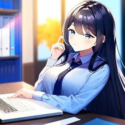 Clear focus, 8k, high quality, detailed, beautiful lighting, girl, vibrant colors, black long hair, vibrant blue eyes, sleeping at desk, office clothes, fall a sleep,