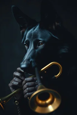 Portrait of a dark german shepherd dark skin male playing trumpet