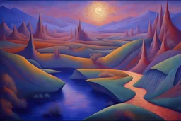 a landscape in futurism style, elegant extremely detailed intricate vibrant beautiful award winning high definition crisp quality noctilucent by artist "Umberto Boccioni"by artist "Leonora Carrington",by artist "Guy Orlando Rose"