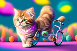 Fluffy tabby cat, adorable kitten, miniature bicycle, whimsical scene, playful concept, vibrant colors, detailed fur texture, charming expression, dynamic composition, cartoonish style, digital art, creative and imaginative, bright and lively palette, joyful atmosphere, skillful rendering, high resolution, skillful lighting to enhance cuteness.