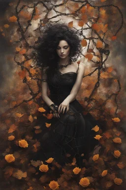 abstract creation of a beautiful girl with black curly hair, surrounded by black roses, thick metal chain broken, glass petals on the ground, autumn colours,dried out thorn bush, chaos,