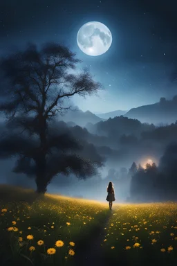 sweeping landscape photography (a view from below showing the sky above and the open land below), a girl standing in a field of flowers looking up, (full moon: 1.2), (shooting stars: 0.9), (fog: 1.3), distant mountain, BREAK tree production art, (warm light source: 1.2), (fireflies: 1.2), lamp, lots of purple and orange, intricate details, volumetric lighting, BREAK realism (masterpiece: 1. 2) , (best quality), 4k, ultra-detailed, (dynamic compositing: 1.4), very detailed, colorful details