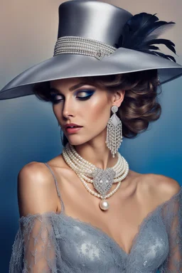 full body beautiful girl, elegant silver,lace clothes of the 80s, luxury style, small elegant hat with feather, hair of the 80s, pearl necklace, earrings masterful, beautiful face,blue backdrop