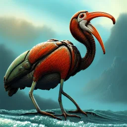 an ibis, in orange and green battle armor, a highly detailed illustration, background of crashing ocean waves, realistic render, 8 k, micro detail, intricate, elegant, centered, digital painting, Artstation, smooth, sharp focus, illustration, artgerm, tomasz alen kopera, peter mohrbacher, donato giancola, joseph christian leyendecker, wlop, boris vallejo