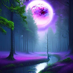 rainy forest with a purple planet over the land