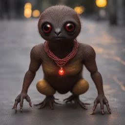 a detailed close-up captures a brown creature with a black face, large brown eyes, and a red necklace around its neck. its hands are positioned on its hips, and its feet are firmly planted on a gray pavement. the creature is bathed in a warm, yellow light, casting a soft glow on its face and surrounding environment. in the background, a string of yellow lights adds a festive touch to the scene.,bokeh like f/0.8, tilt-shift lens 8k, high detail, smooth render, down-light, unreal engine