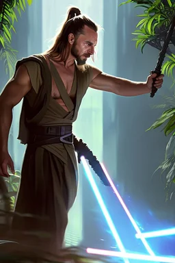 Step into the captivating photograph, where the legendary Qui-Gon Jinn, a wise Jedi Master, commands attention! With astonishing hyper-realism, Qui-Gon, in the prime of his 20s, wears an intriguing scifi-inspired outfit. The backdrop features a lush and vibrant jungle, adding a sense of mystery and adventure to the scene.