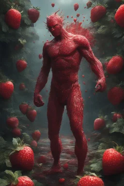 full body portrait, head to toe, imagine in a world made out of strawberries, a 4k UHD strawberry skinned, 1080p strawberry skinned man., at the edge of the Strawberry universe, three million years in the future, an extremely mutated and old Strawberry humanoid being, Volcanic Strawberry Super-man, with wirey, messy, spiked up, long leafy green strawberry hair, burned, scarred and ashy strawberry skin with a lost gaze, bound to the edge of time, wandering aimlessly and alone