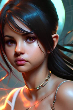 Selena Gomez, 8k resolution concept art portrait by Greg Rutkowski, Artgerm, WLOP, Alphonse Mucha dynamic lighting hyperdetailed intricately detailed Splash art trending on Artstation triadic colors Unreal Engine 5 volumetric lighting, by Hajime Isayama