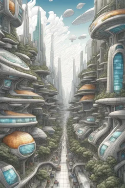 a highly detailed pencil and colour marker digital drawing of beautiful organic futuristic city in harmony with nature, full screen, fine details and contours, intricate, small minutiae, tiny features, particulars, sharp photo lens, acute outlines, digitally enhanced, least ambient occlusion, sidewalk view from the pedestrian perspective, wide angle camera, volumetric lighting, volumetric clouds, uhd, 8k, vitality colors, for book cover, enscape render, by antoni gaudí, thine line style