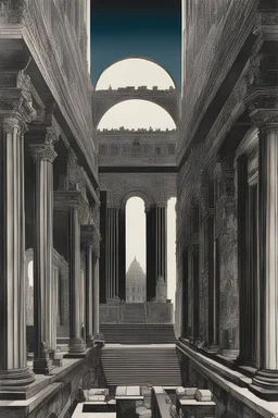 Giovanni Battista Piranesi full colours, Paul Delvaux, Kay Nielsen, Surrealism, Mysterious, Weird, Outlandish, Fantasy, Sci-fi, Japanese Animation, Piranesi-like eyes for ruins, and from that perspective, insight into living cities. Blueprints, cross-sections, and development drawings. Perspective and geometry. Miniskirt beautiful girl, perfect voluminous body, detailed masterpiece