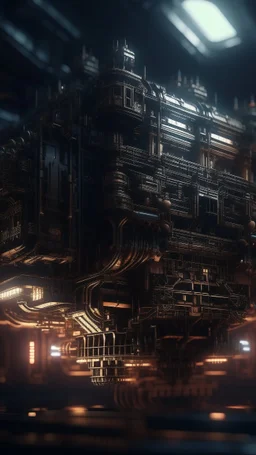 Si-Fi, The engine of the big ship under atmospheric lighting effects, intricate industrial details, moody atmosphere, eerie grimdark ambiance, complex motherboard accents, speculative fiction art. Bokeh