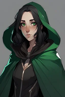 girl rogue with black hair, elf ears and green eyes in a black cloak