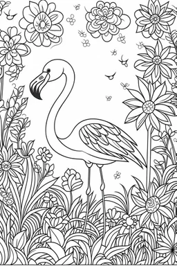 HAPPY NEW YEAR colouring page for kids,Flamingo stands tall in blooming flowers HAPPY NEW YEAR CELEBRATE, thick outline, low details, no shading, no colour