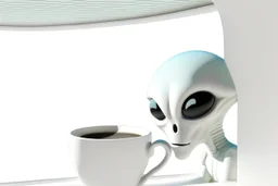 white,background,looking,through,a 3-d, hole,or,window,,a,seeing an,alien,drinking,coffee