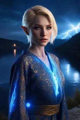 detailed eyes, female danish half elf, curvy, blonde short hairstyle, head to knee shot, detailed glowing ornamental magical pattern form fitting robe, glowing gem crackling with lightning implanted on robe, 8k, high detail, lake background, midnight, facing viewer, front facing