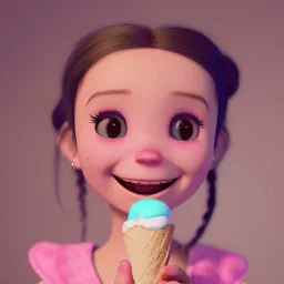 cute, adorable, smiling girl eating ice cream, candies flying all around her, Pixar, disnet, cinema lighting, gaming, 8k, magic, love --q 1 --v 4 mdjrny-v4