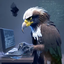 An eagle as a hacker using the computer