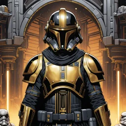 star wars bald male corellian pilot wearing pearlescent black and gunmetal grey First Order special forces heavy assault stealth commando armor and helmet with gold trim inside the jedi temple, hyperdetailed, dynamic lighting, hyperdetailed background, 8k resolution, volumetric lighting, light skin, fully symmetric details