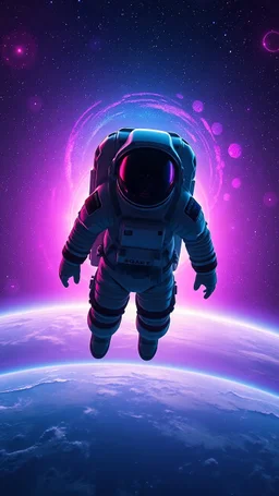 astronaut floating in space above Earth, with glowing cosmic vortex behind him, helmet reflecting a galactic portal, surreal sci-fi atmosphere, vibrant purples and blues, cinematic lighting, ultra detailed spacesuit, deep starfield background, ethereal nebula glow, digital art style --ar 3:2 photograph 8k