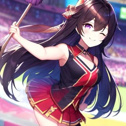 Clear focus,High resolution,High quality, Cheerleader, Smiling, Eyes closed, Black long hair flowing with the wind, Purple eyes