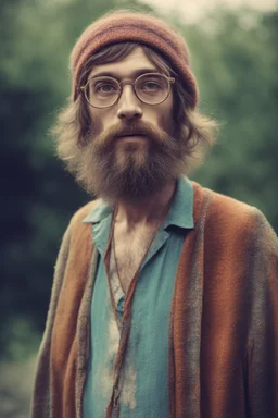 Hippie bohemian young ugly man with Parisian bohemian look and glasses of colours and poor and short short short and poor hair on the head with receding hairline. Farsightedness glasses with big eyes. Long beard. Vintage look and feel like photo styleof the 70s