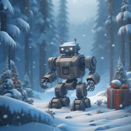 fat robot santa and presents in snowy misty forest, 8k, down-light, soft light, depth of field, photo realism, trending on art station, high detail