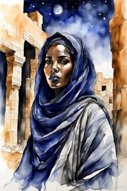 create an imaginative ink wash and watercolor dynamic figure drawing of a Tuareg female, in traditional dress, with finely detailed facial features, in the ruins of Djado under the midnight sky, in the style of, Burne Hogarth, finely textured, drawn, colored, and inked