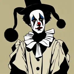 A Pierrot (the sad clown), with a heavily painted white face, wearing a loose, white tunic with three large black buttons, an oversized black accented ruffled collar, and long sleeves, a tight black dunce hat on his head, french mime, his expression is sad, lonely, and embodies artistic sentiment, the foreground and background slowly and subtly in a liminal space seem to merge, the clown as an elevated art form, modern art, conceptual performance art, storybook like illuatration, Beardsley, very