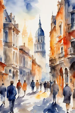 beautiful watercolor painting of famous structures, european cities, and buildings, people on the street, 16k, ultra HD, sunlight